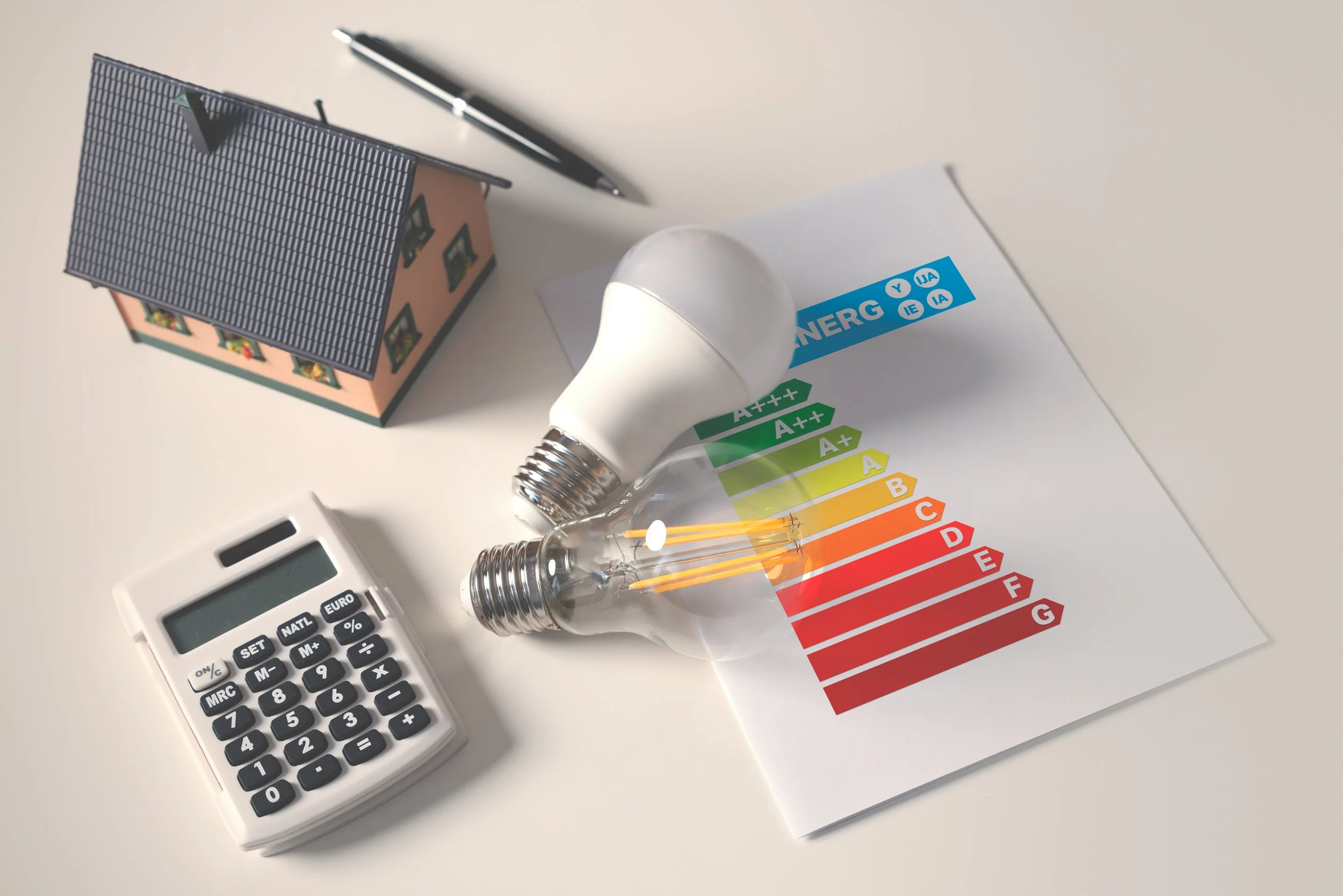 Miniature house, lightbulb, calculator, and energy efficiency rating chart on a white surface.