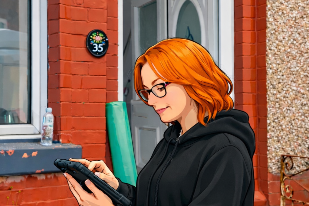 A woman with red hair and glasses wearing a black hoodie, looking at her phone outside a brick building.