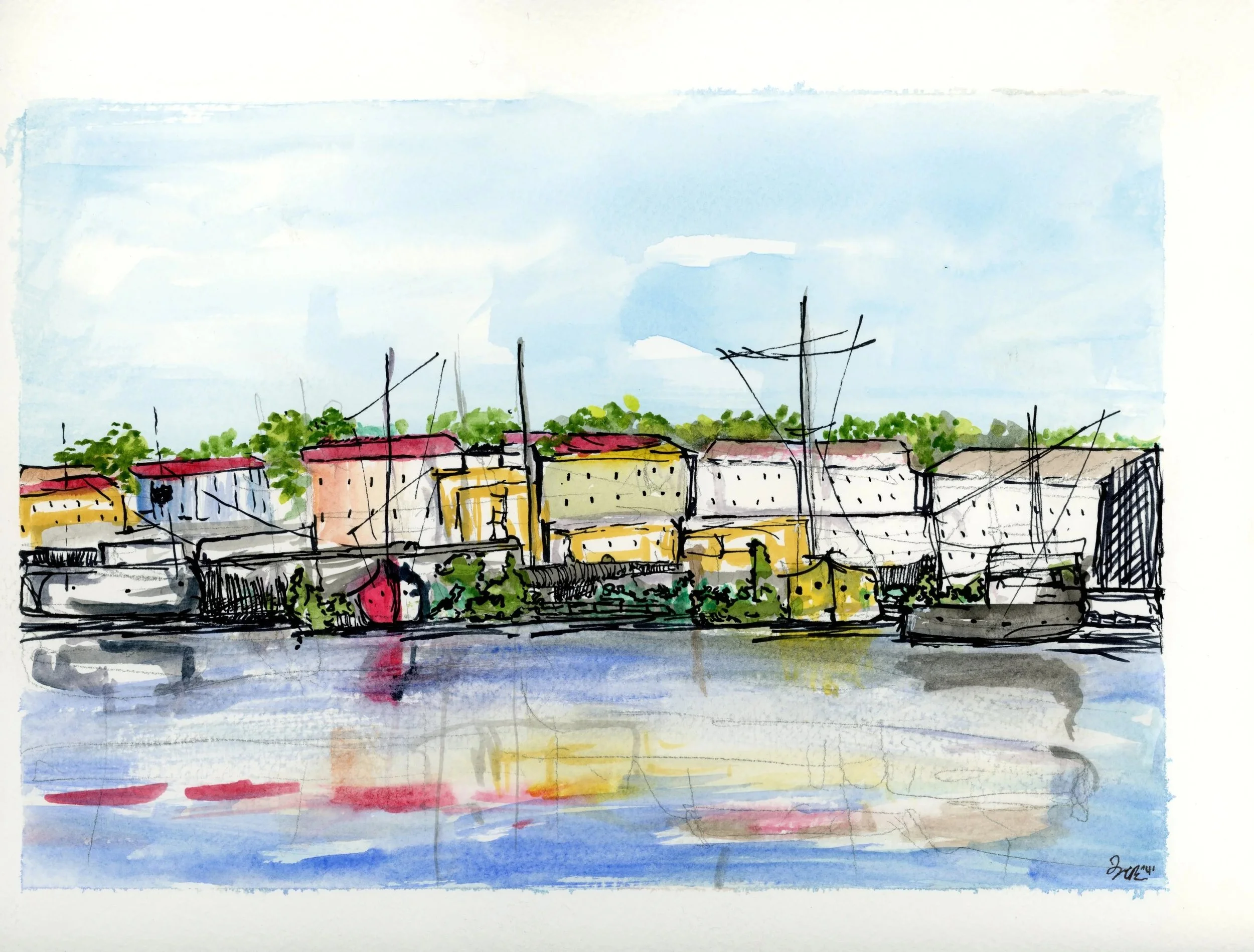 Waterfront, Watercolor and ink 8x10"