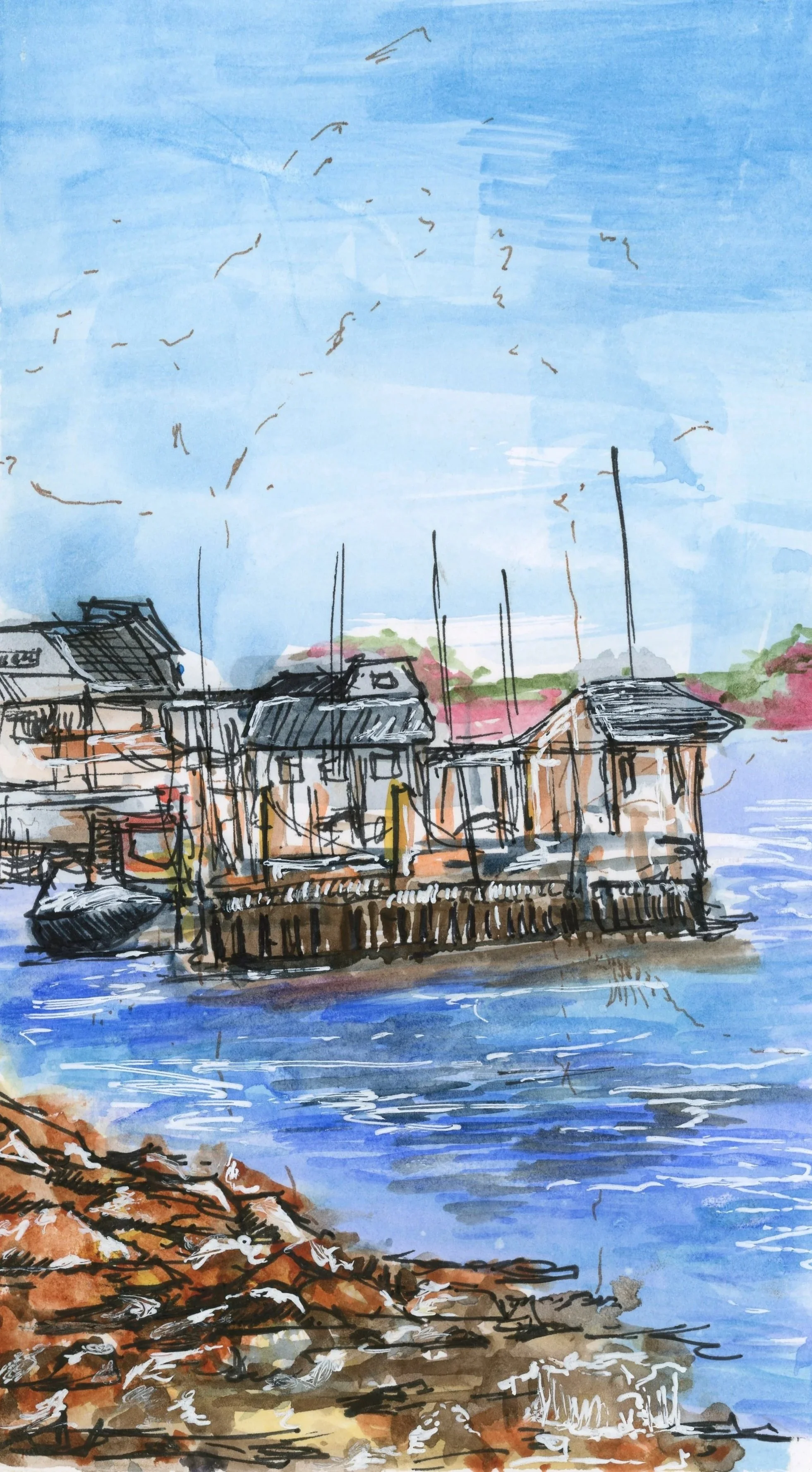 Dockside, Watercolor and Ink 4x6" 