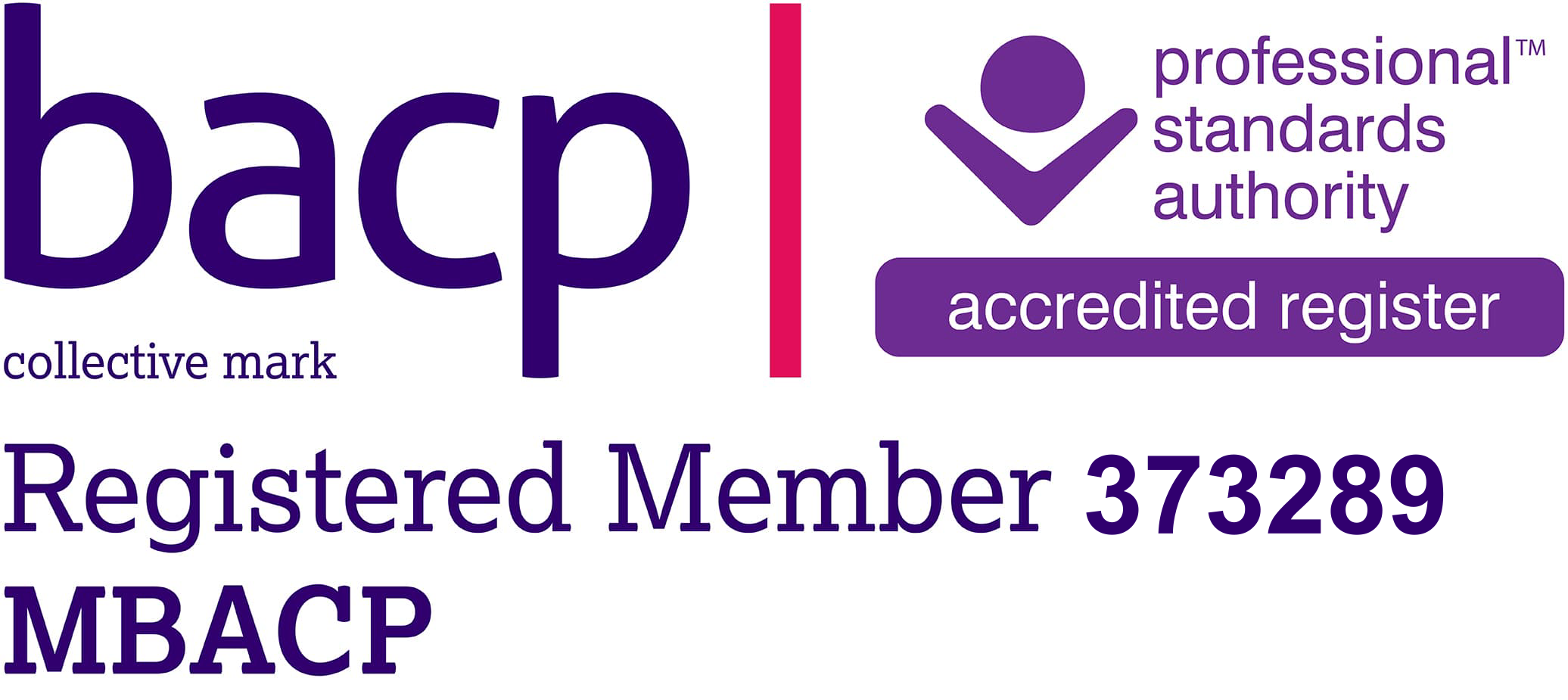 A badge or ID card indicating membership with the British Accreditation Council for Independent Further and Higher Education (BACp). The badge features the BACp logo in purple, the words 'professional standards authority,' an 'accredited register' label, and a member number '373289' with the initials MBACP.