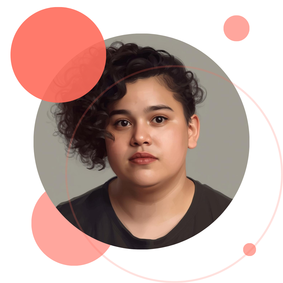 A person with short, curly hair looks directly at the camera against a plain background, exuding a calm and neutral expression.