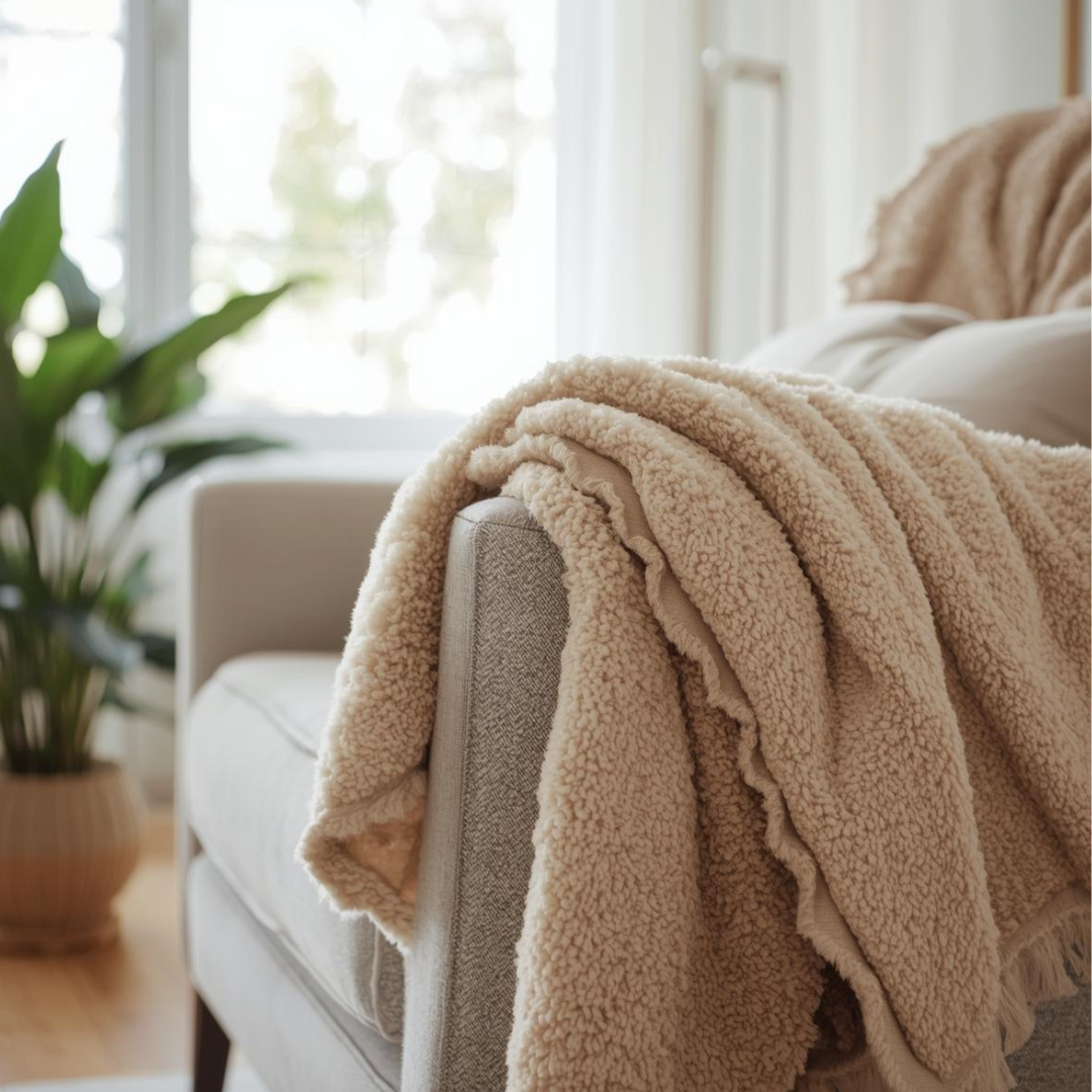 A plush tan blanket draped over the arm of a light gray sofa in a sunlit living room, conveying warmth and cosiness of the therapy session. Green plant blurred in the background.