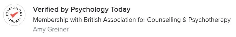 Verified badge from Psychology Today next to text about membership with the British Association for Counselling & Psychotherapy, attributed to Amy Greiner.