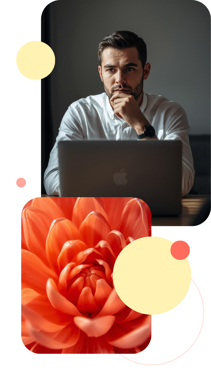 A thoughtful individual in a white shirt sits at a desk, looking at a laptop. The scene is dimly lit, suggesting focus and contemplation.