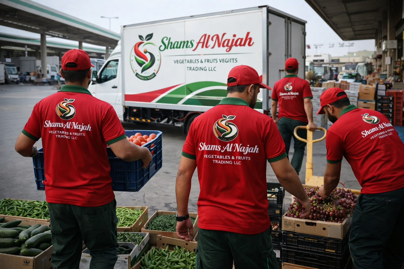 Four men in red uniforms with green accents and a logo reading 'Shams Al Najah' working at a vegetable and fruit market, with a delivery truck in the background.