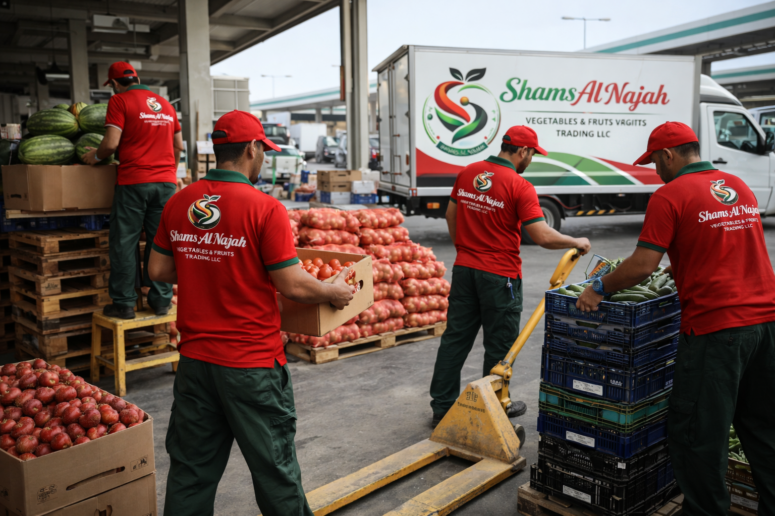 Four men wearing red shirts with the logo and name 'Shams Al Najah' are working at an outdoor vegetable and fruit market, loading crates of tomatoes, cucumbers, and watermelons onto a truck.