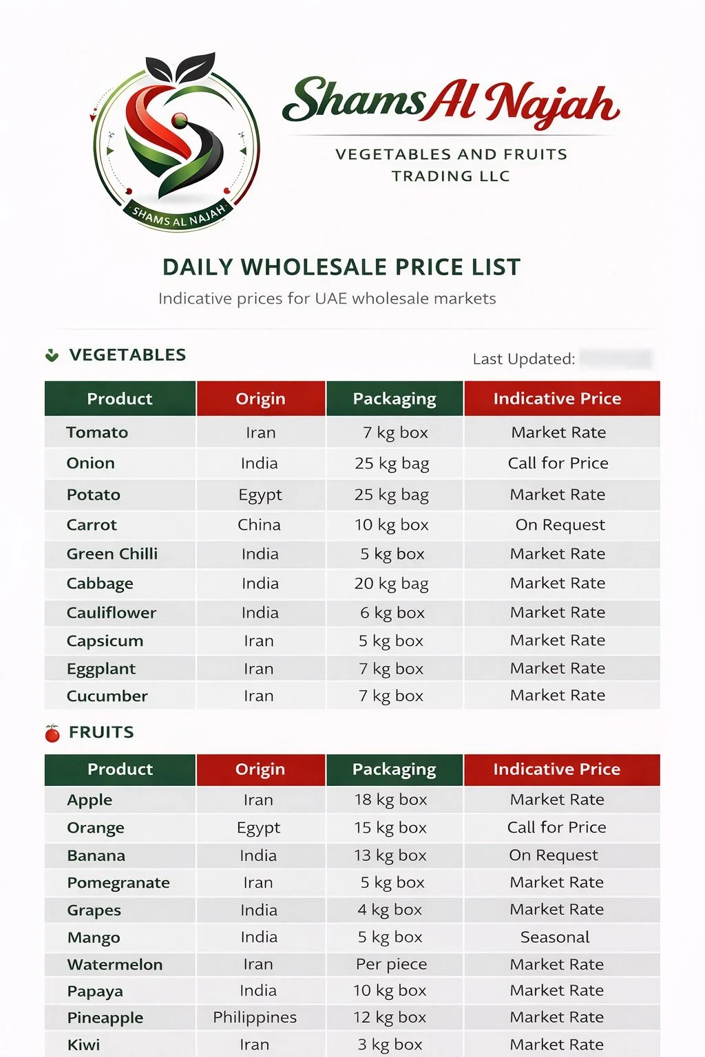 Wholesale price list for vegetables and fruits from Shams Al Najah, including product details, origins, packaging, and pricing.