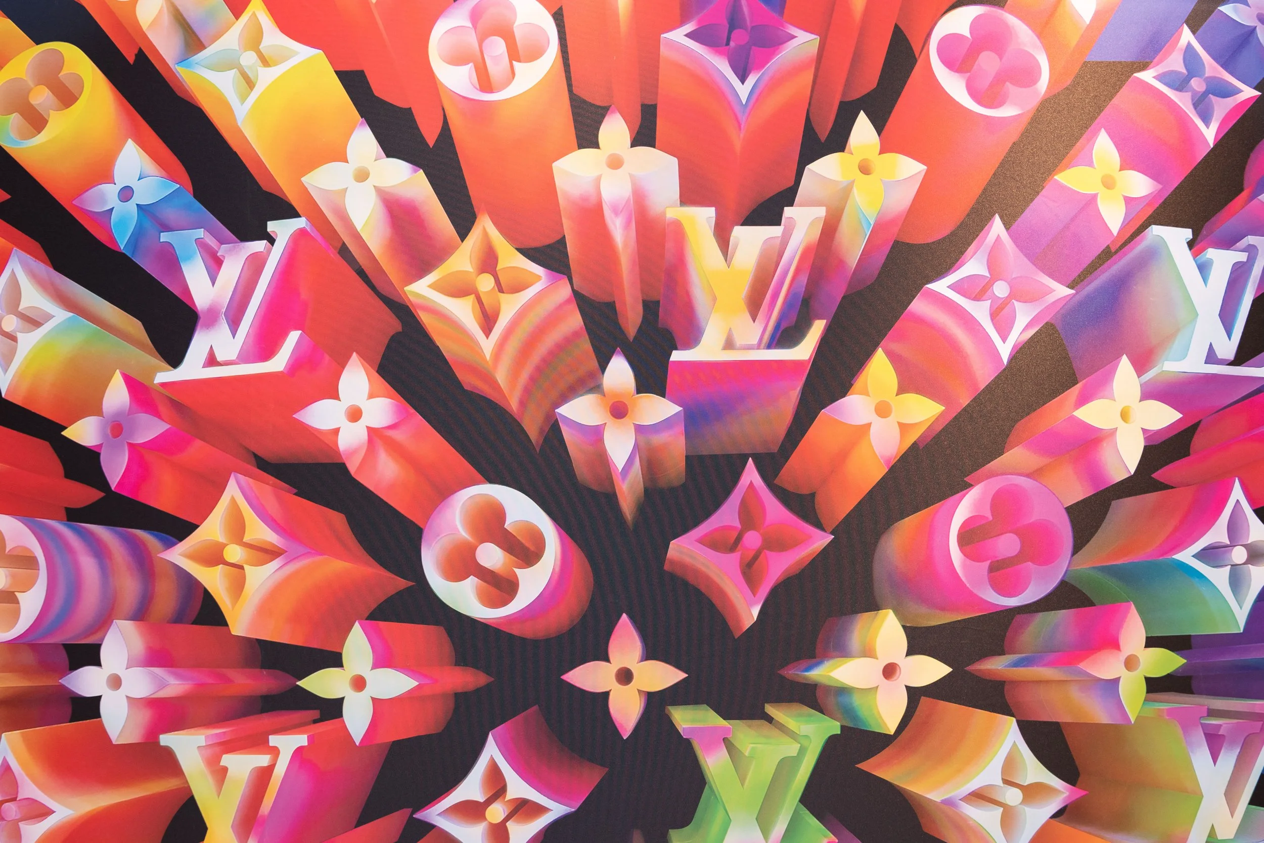 Un collage coloré de logos Louis Vuitton en 3D avec des effets de lumière et d'ombre sur un fond sombre.