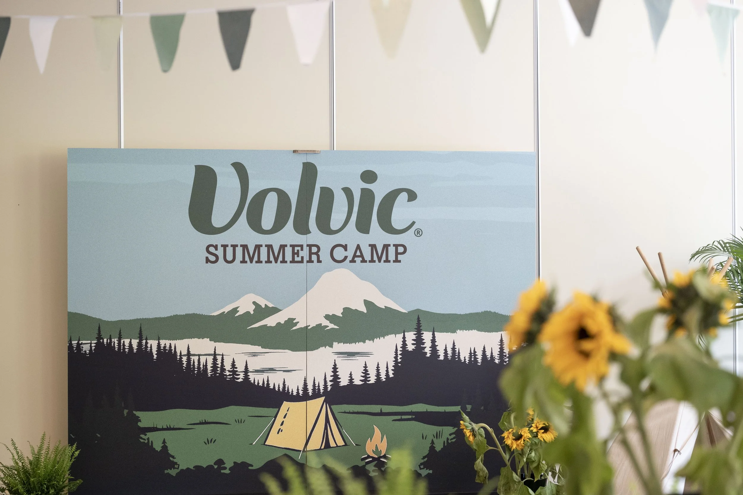 Affiche du camp d'été Volvic avec une montagne et un paysage forestier