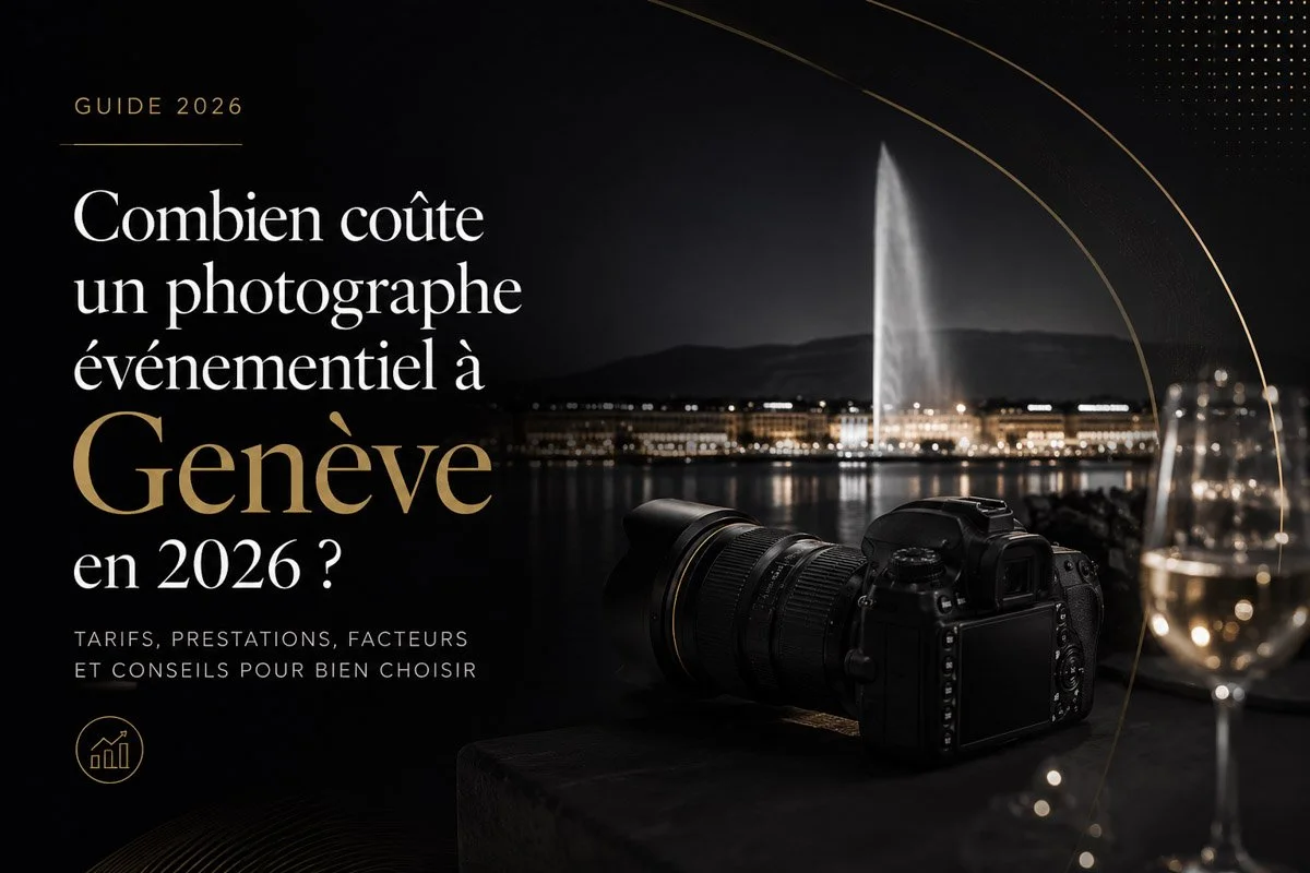 Photo illustrant un appareil photo devant la rade de Genève de nuit avec jet d'eau et verre de vin