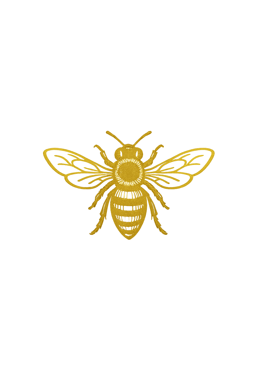 A black background with a gold detailed illustration of a bee at the center. Various text elements are written around the bee, including a quote at the top and additional information at the bottom.