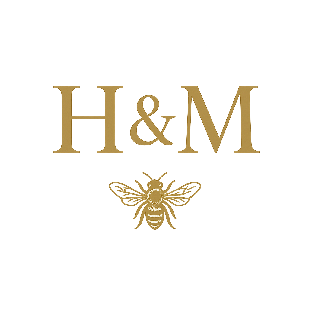 Black background with gold text reading 'H&M' and a gold bee illustration beneath.