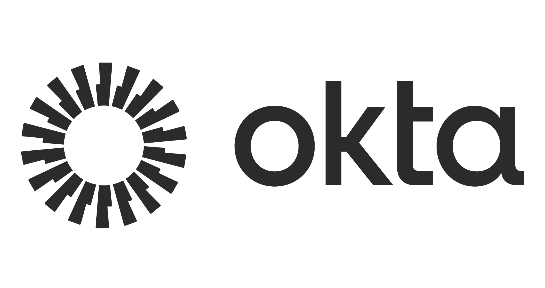 OKTA logo with a circular design made of black rectangles and the word 'okta' in lowercase black letters.