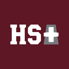 White letters 'HS' and a gray plus sign on a maroon background.