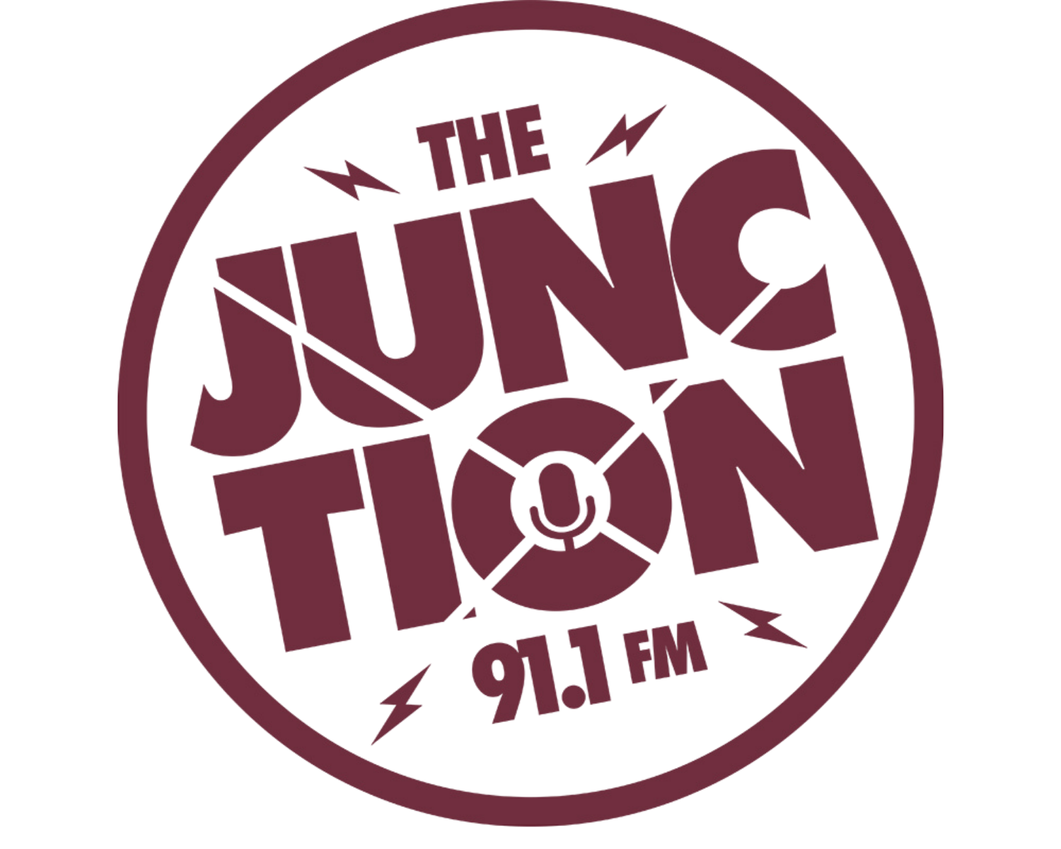 Logo for The Jung Tin, a radio station, with a black background and maroon text and graphics.