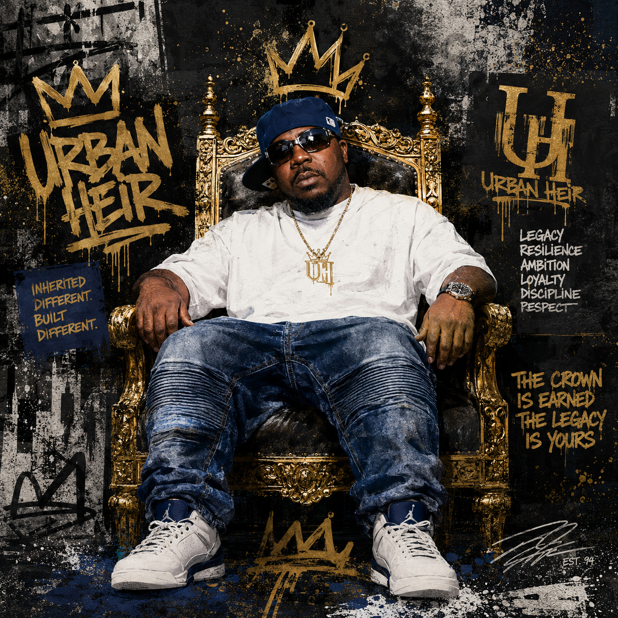 Urban Heir streetwear campaign featuring a man seated on a gold throne against a black and gold graffiti-inspired backdrop.