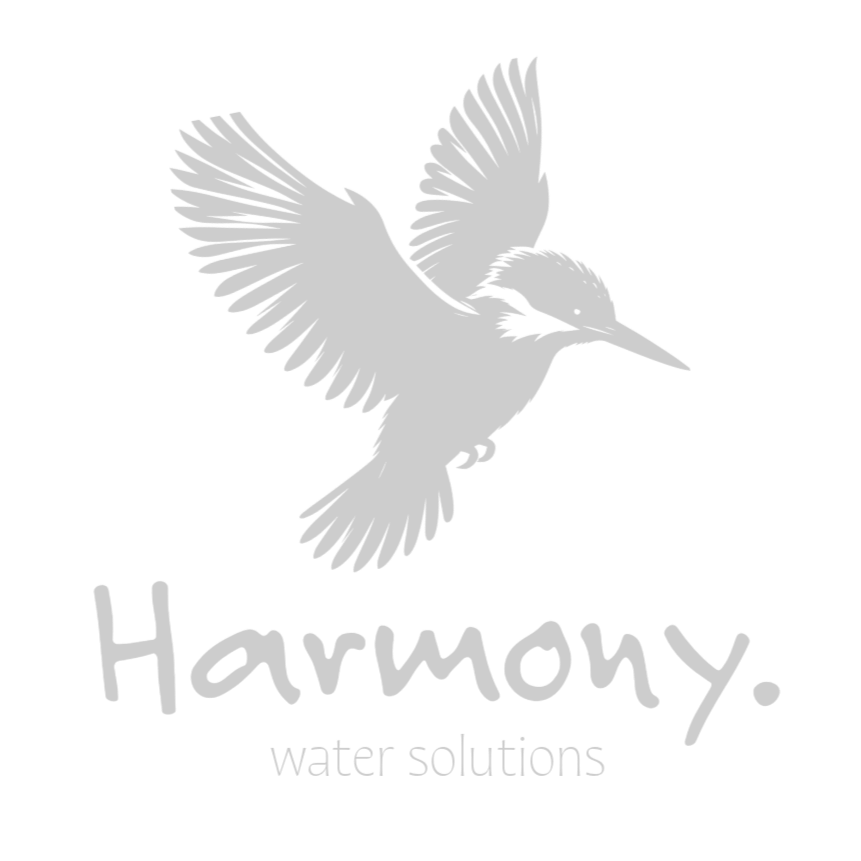 Gray silhouette of a flying bird above the words "Harmony water solutions" on a black background.