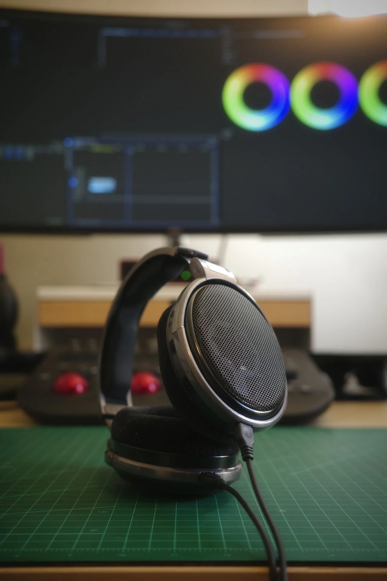 Close-up of black over-ear headphones on a green cutting mat, with a computer monitor and editing software in the background.