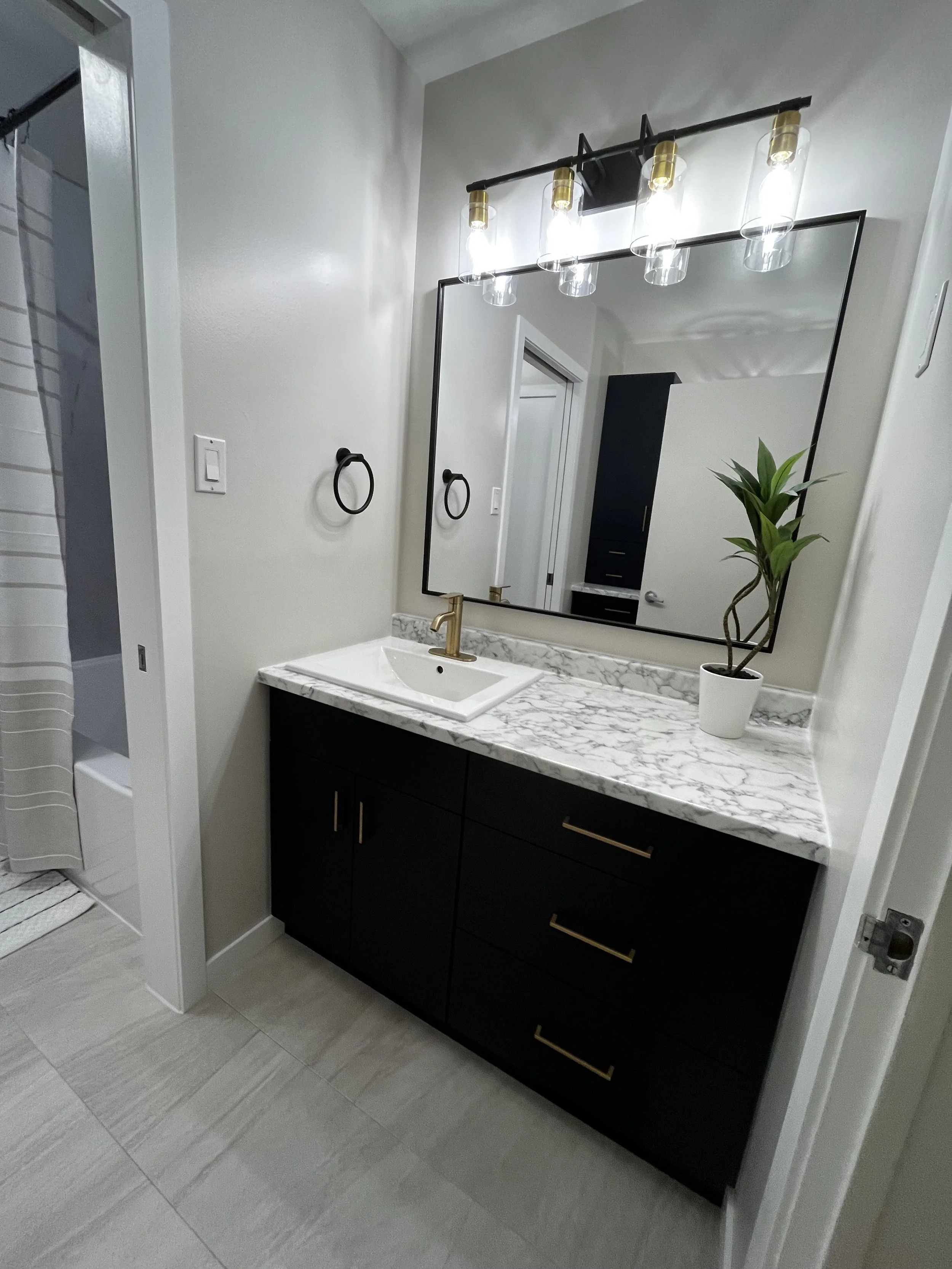 Modern bathroom vanity with black cabinets, white marble countertop, and a rectangular vessel sink. A large mirror with black frame and a multi-bulb light fixture above. A potted plant on the countertop, and a towel ring on the wall. Part of a shower with a curtain visible on the left.