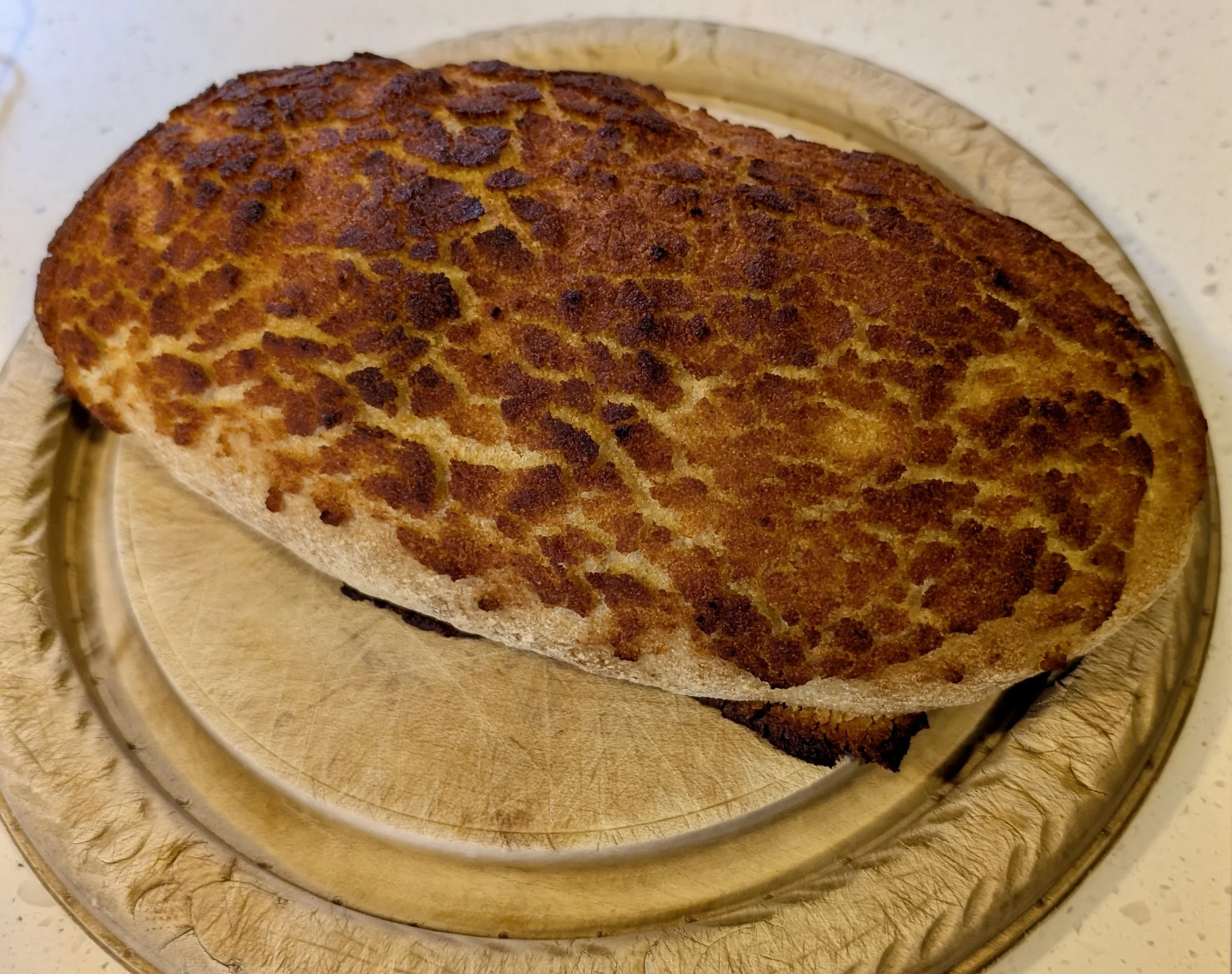 A crispy, golden-brown breaded cutlet on a glass plate.