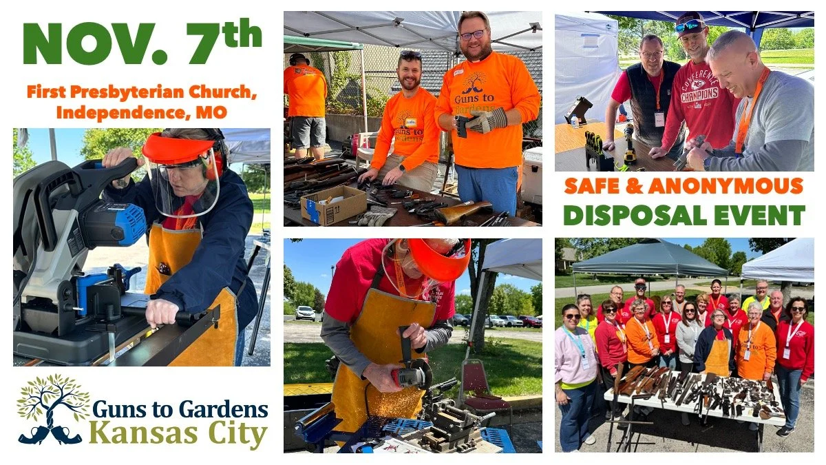 Collage of images from a community event with people engaging in firearm disposal activities at the Guns to Gardens event in Kansas City, Missouri, on November 7th. Participants are seen handling guns, working with machinery, and posing for a group photo under tents.