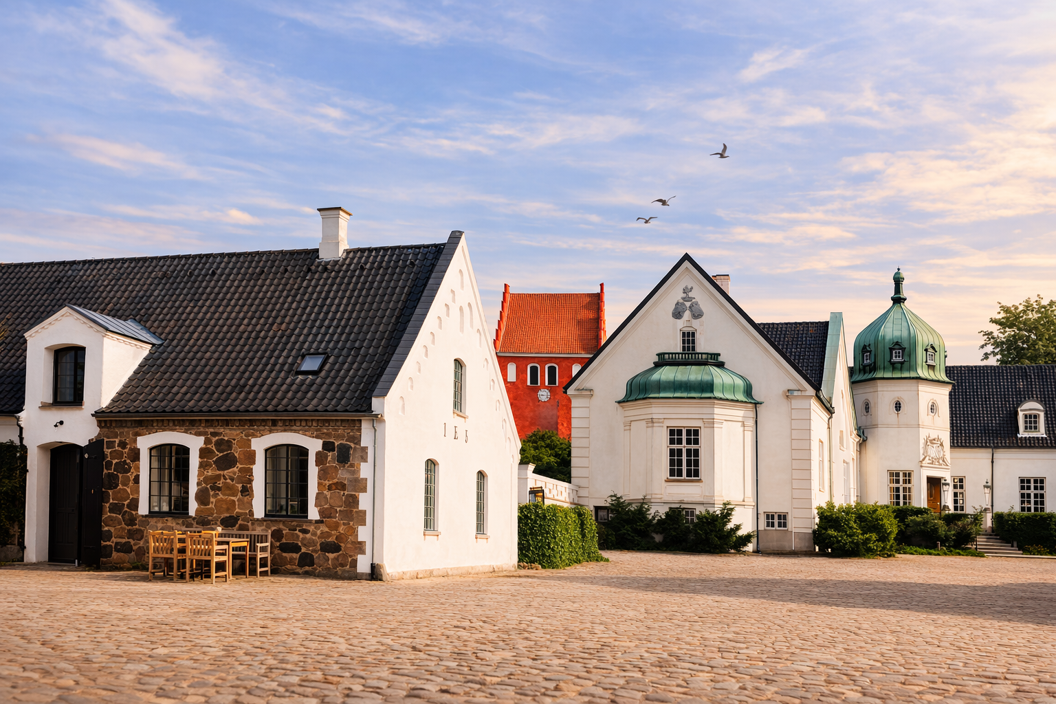 Historiske bygninger med forskellige arkitektoniske stilarter under en klar himmel med flyvende fugle.