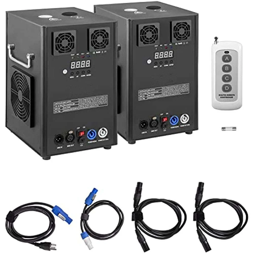 Two black electronic devices with digital displays, propped up on small legs, accompanied by a white remote control with four gray buttons labeled A, B, C, D, and four black power cables with various connectors, set against a white background.