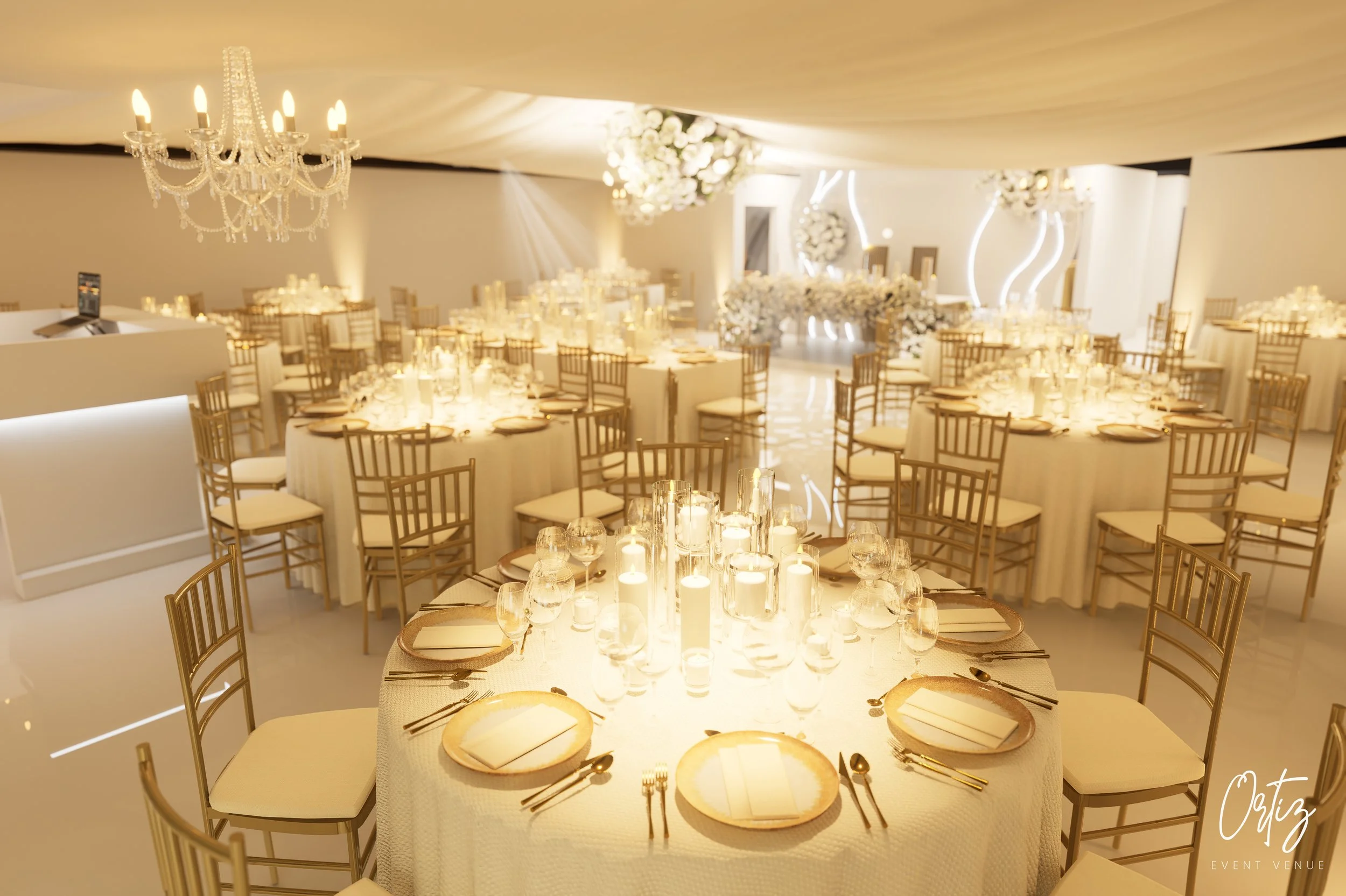 Elegant event venue with round tables decorated with candles, gold chairs, and chandeliers, set for a formal occasion.