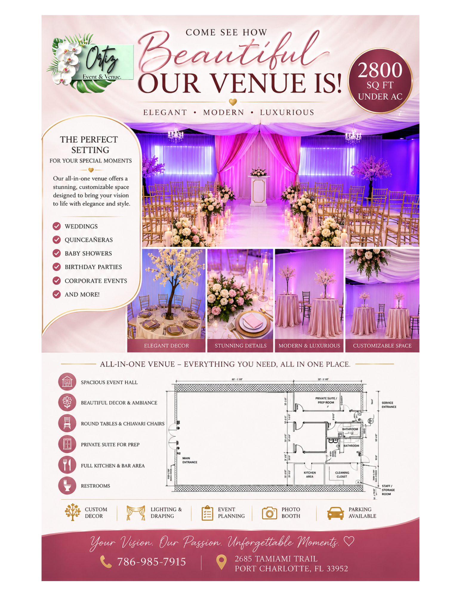 Flyer advertising Ortiz Event & Venue, showcasing interior decor, layout plan, and contact details for a versatile event space with elegant lighting and design in Port Charlotte, Florida.