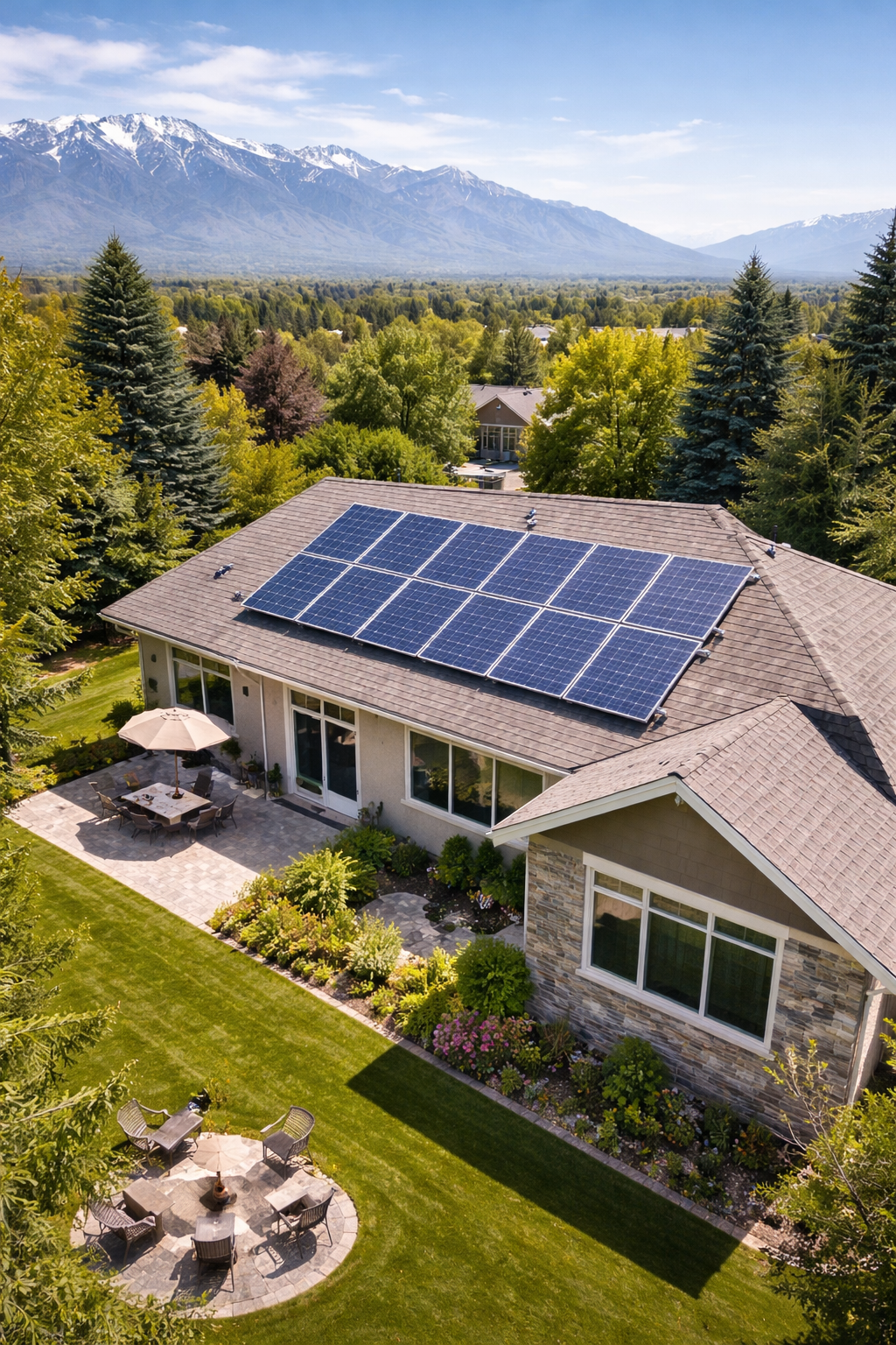A house with solar panels on the roof, surrounded by trees and a well-maintained lawn with outdoor seating areas, set against a backdrop of mountains and a blue sky.