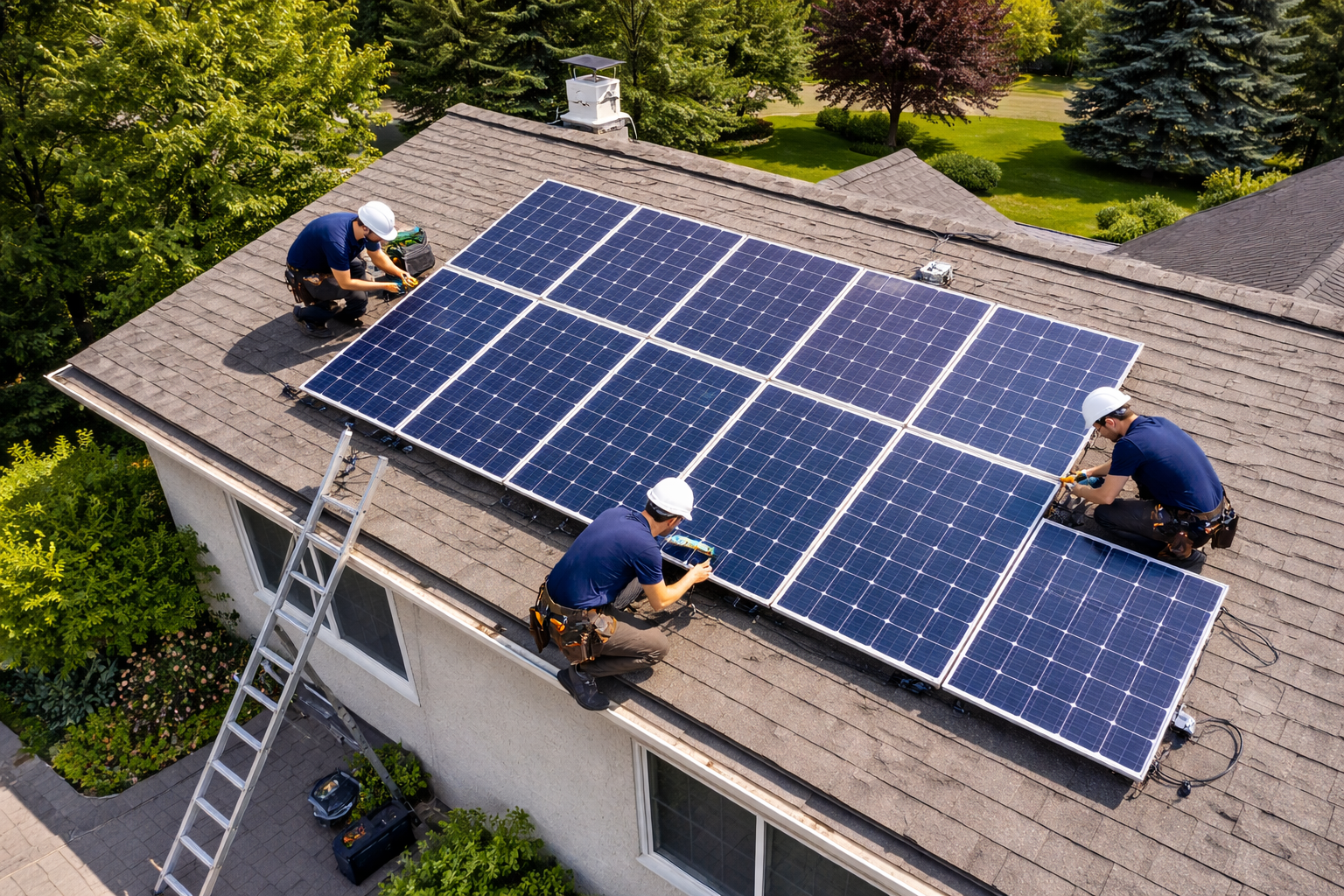 Three workers installing solar panels on a house roof surrounded by trees and a manicured lawn.