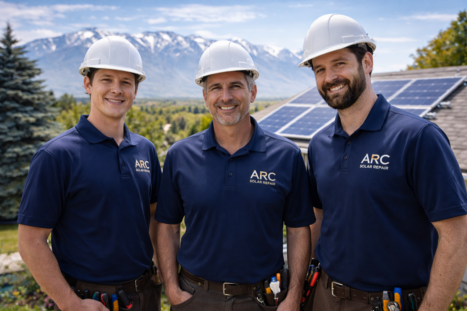 Three men wearing blue polo shirts with ARC Solar Repair logo and white helmets, standing outdoors with solar panels on a roof and mountains in the background.