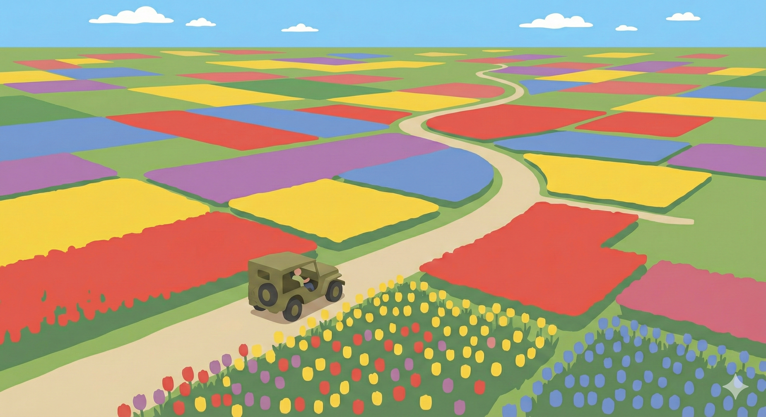 A colorful illustrated landscape of an agricultural area with patchwork fields in red, yellow, purple, and blue. A winding dirt road runs through the fields, and a small tractor with a farmer is driving along it. The sky is blue with a few white clouds.