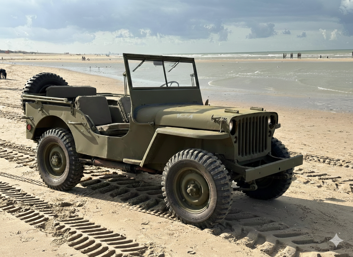 Vintage military jeep parked on sandy beach with tire tracks, ocean, and cloudy sky in the background.