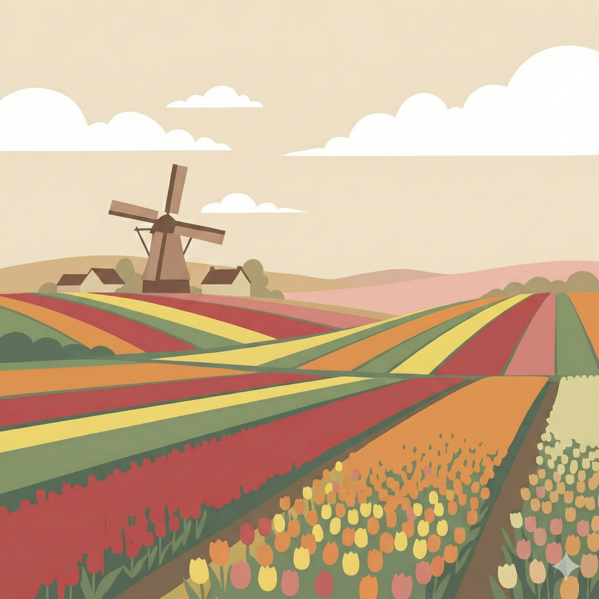 A colorful illustration of a landscape with a windmill, small houses, and vibrant flower fields under a cloudy sky.