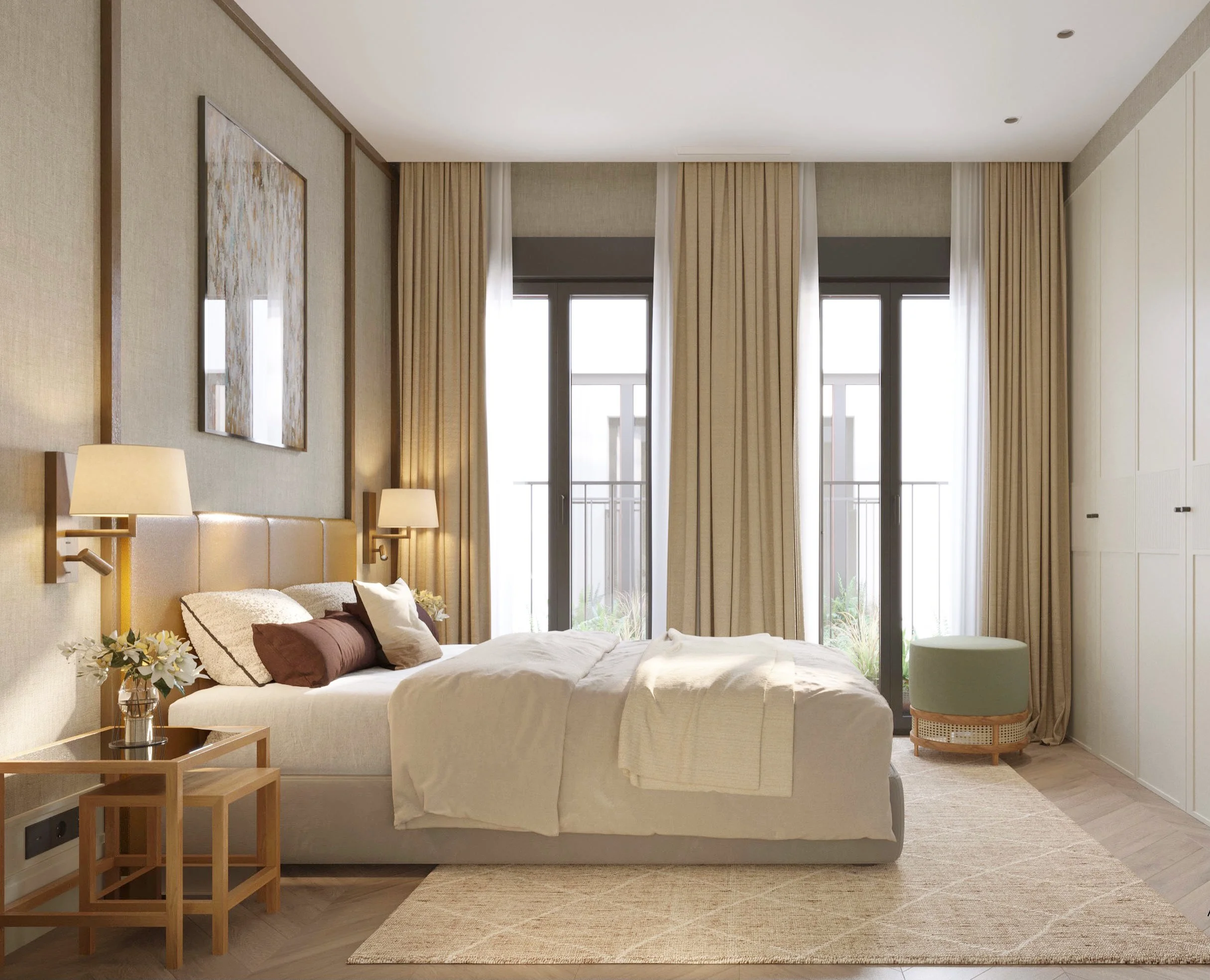 Bright bedroom with a large bed, beige bedding, and pillows. Two wall-mounted lamps and a small wooden side table with a flower vase. Floor-to-ceiling curtains, glass doors leading to a balcony, and a vaulted ceiling.