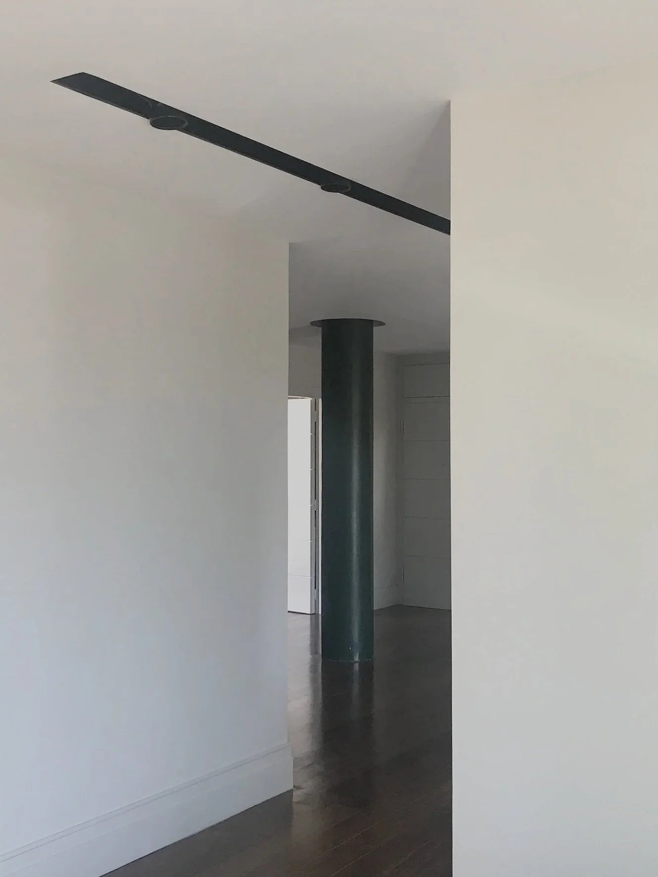 Interior view of a modern home with a large green column in the center, dark wooden floors, white walls, and a ceiling with a black track lighting fixture.