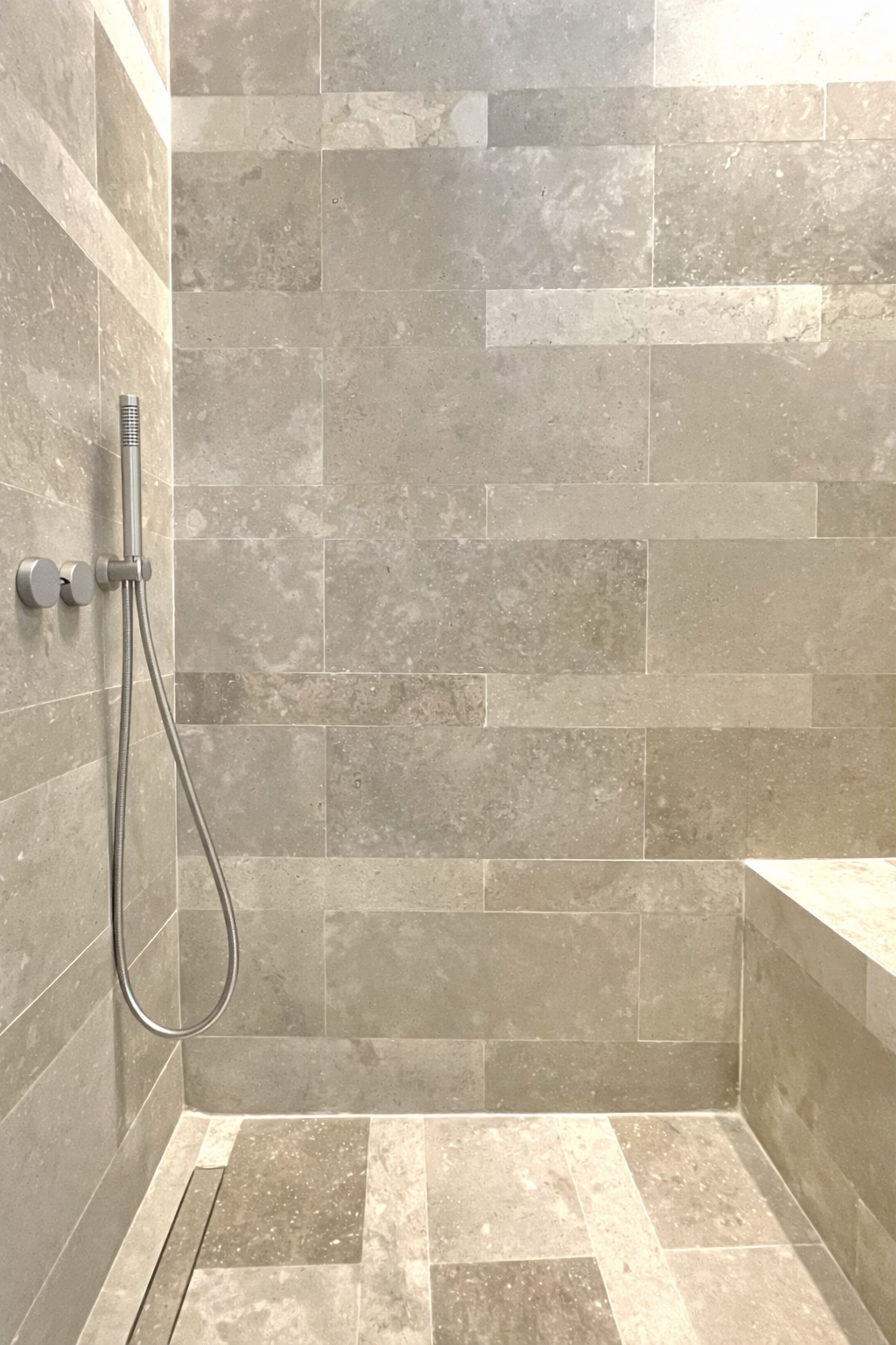 Shower area with gray tiled walls, a handheld showerhead, and a bench in the corner.