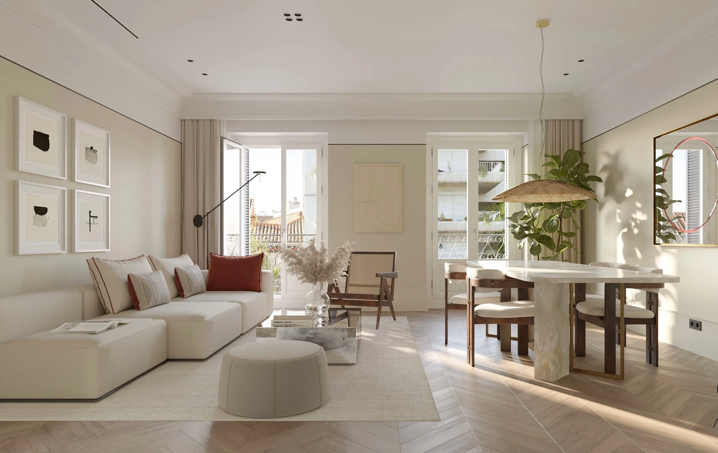 Bright living room with cream-colored sofa, abstract wall art, large windows with curtains, wooden dining table with chairs, indoor plants, and a marble coffee table with decorative items.