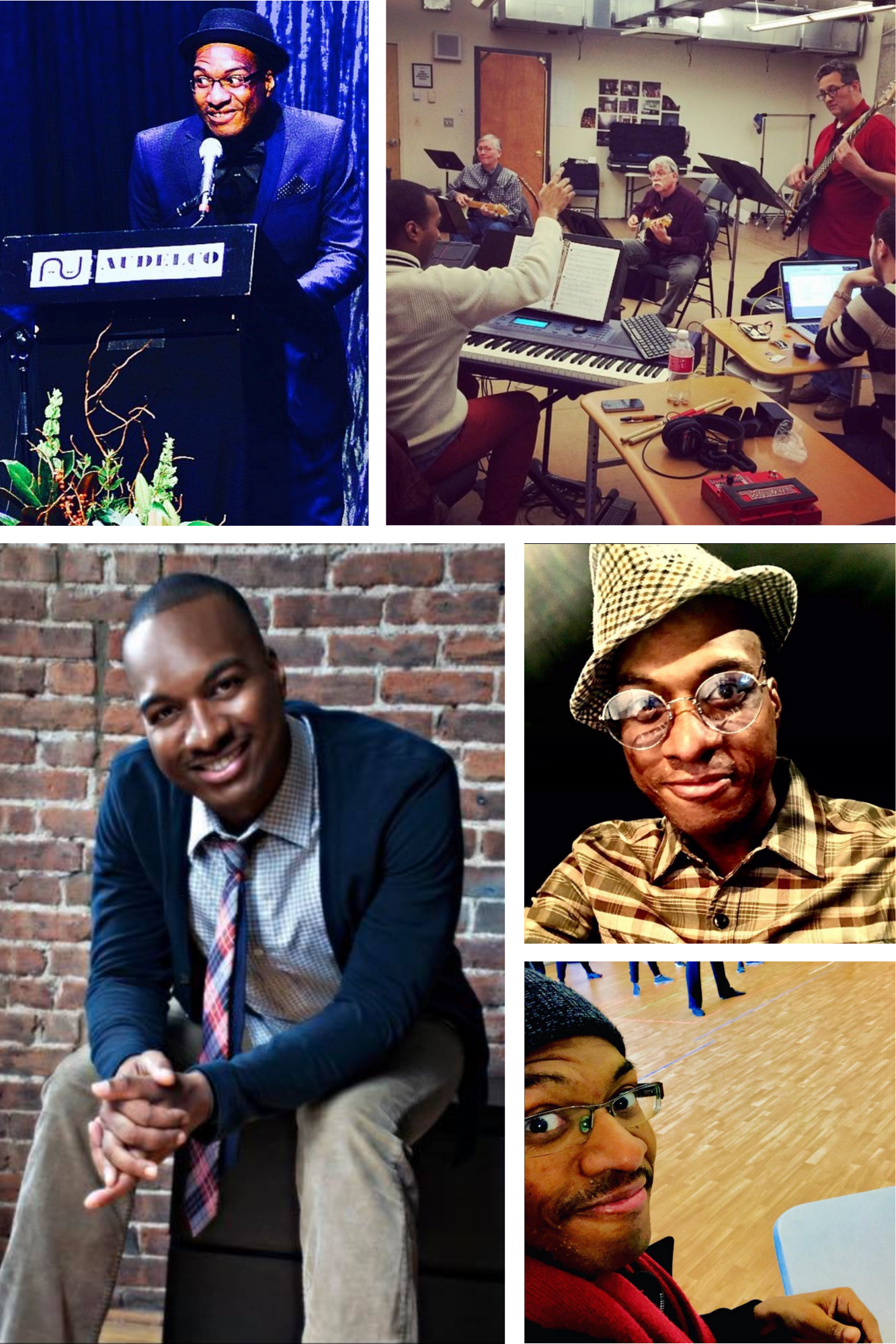A collage of five images: a man in a hat and glasses speaking at a podium; students and musicians practicing in a music classroom; a man sitting in front of a brick wall in business attire; a man in a plaid shirt and glasses wearing a hat; a man wearing glasses and a beanie sitting at a table with a wooden floor in the background.