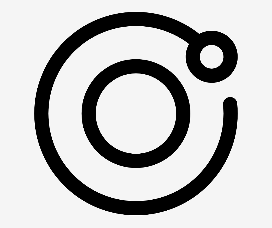 A black and white icon of a stylized circular design with a smaller circle attached at the top right, resembling a target or a logo.