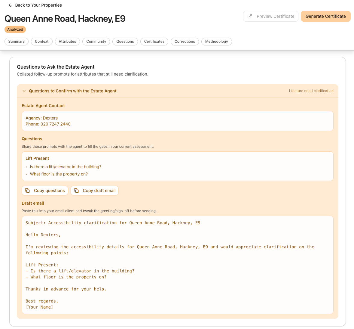 Screenshot of a property management webpage for Queen Anne Road, Hackney, E9, showing estate agent contact information and questions regarding building elevator and floor level for accessibility clarification.