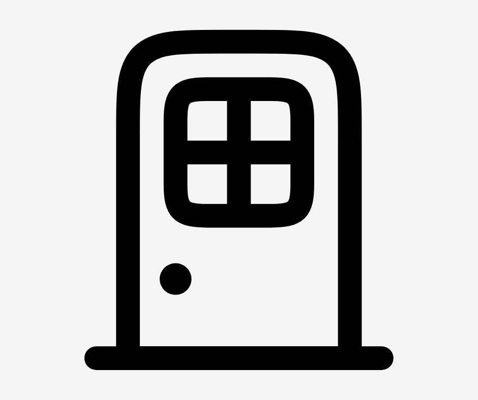 A black and white icon of a door with a window and a doorknob.