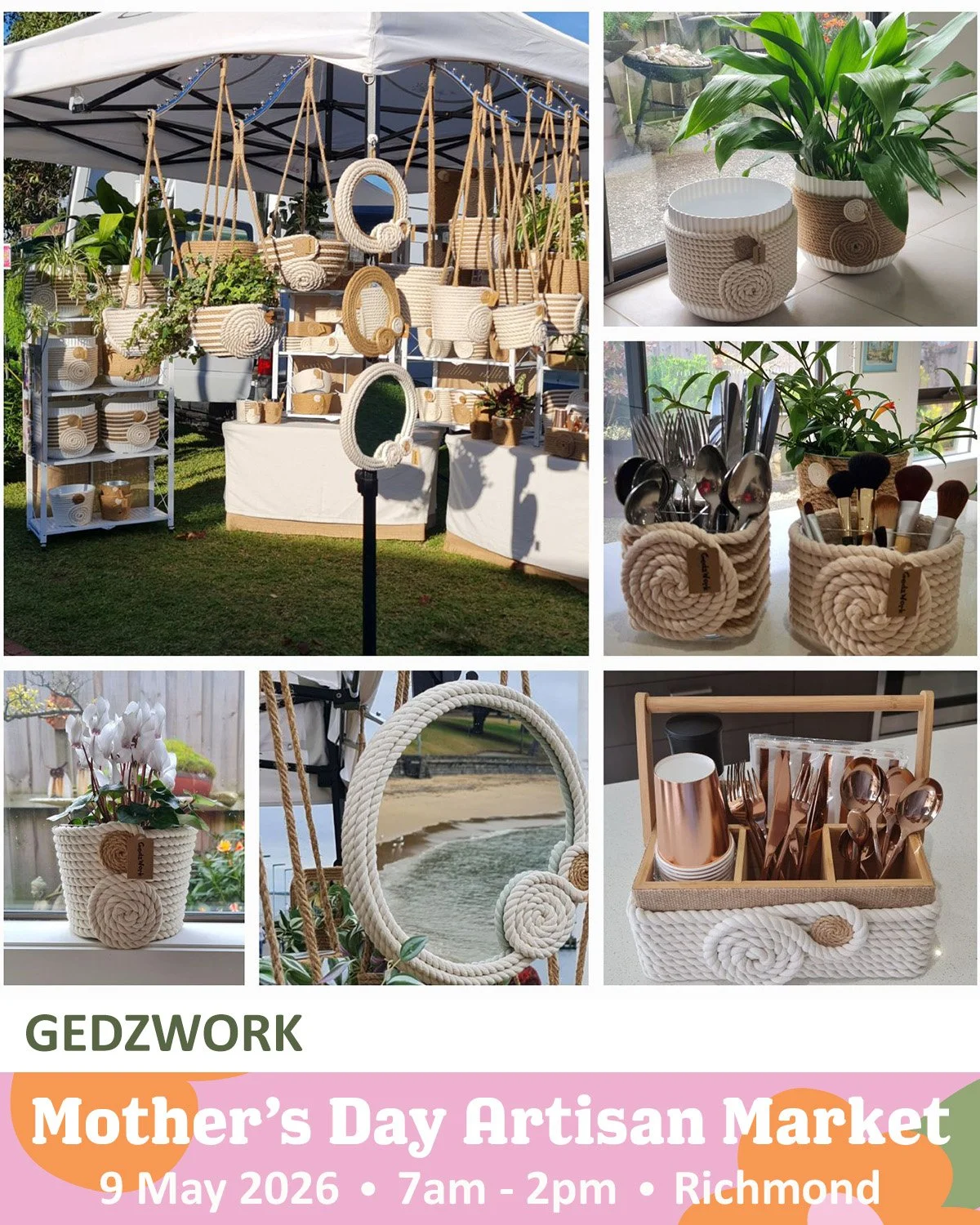 ✨ VENDOR SPOTLIGHT ✨

Get ready to shop local and celebrate the amazing Mums in your life at our Mother&rsquo;s Day Artisan Market!

Today we are featuring: GEDZWORK
GedzWork is thrilled to be part of this fabulous day, offering unique roped pots, mi