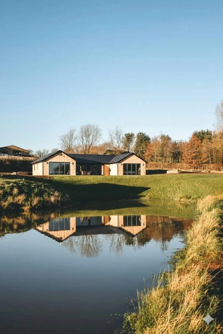 One of Beacons View's wooden lodges with large glass windows and a sloped roof, situated on a grassy area behind a calm lake that reflects the lodge and surrounding trees, under a clear blue sky.