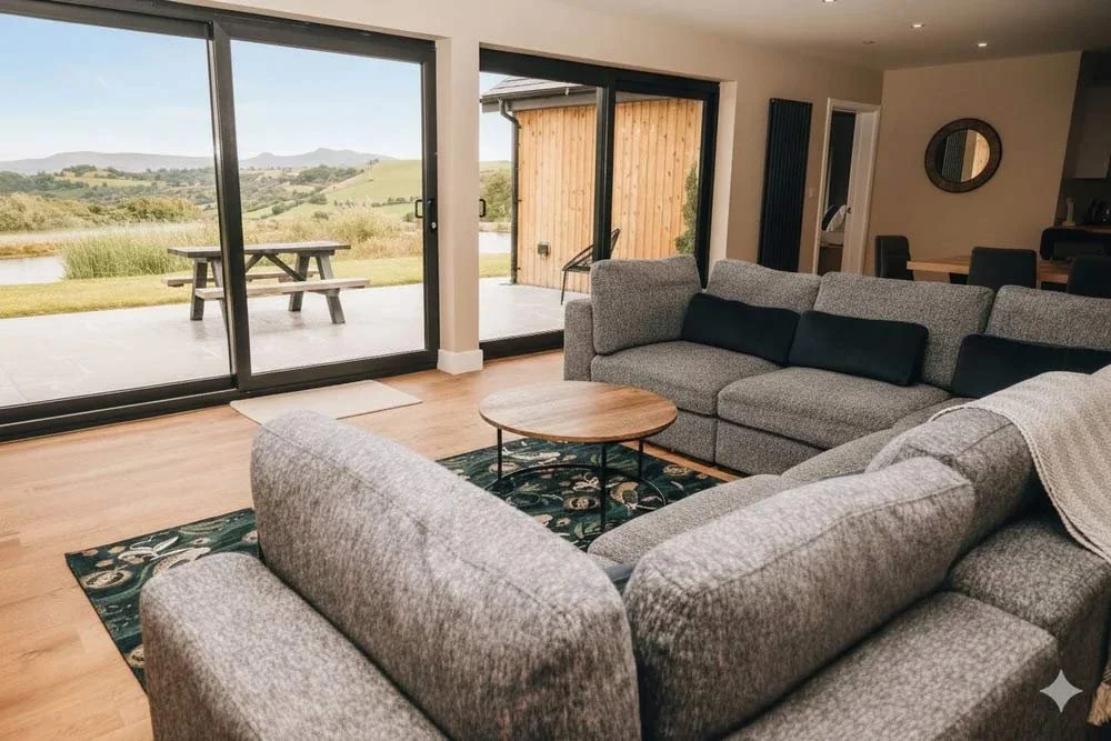 The view from inside Trem Y Fan Luxury Lodge at Beacons View holiday accommodation near Brecon, Powys, Wales.