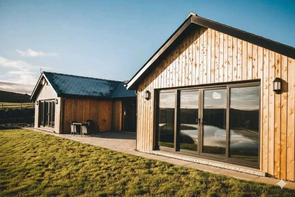 The front aspect of Trem Y Fan luxury holiday lodge at Beacons View near Brecon, Powys, Wales.