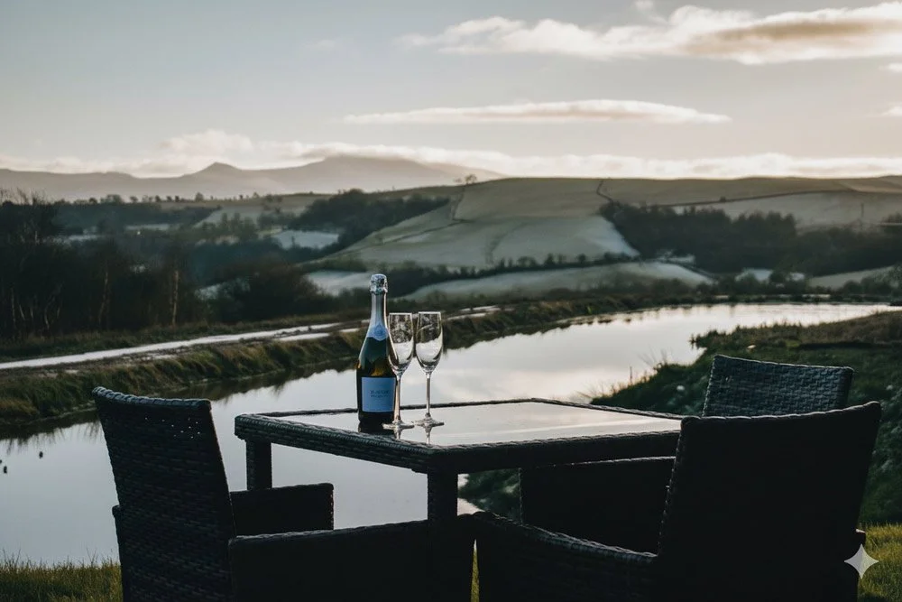 An atmospheric evening view from Beacons View lodge showiong a table and two chairs with wine glasses and bottle, and view over the lake to the Brecon Beacons in the background..