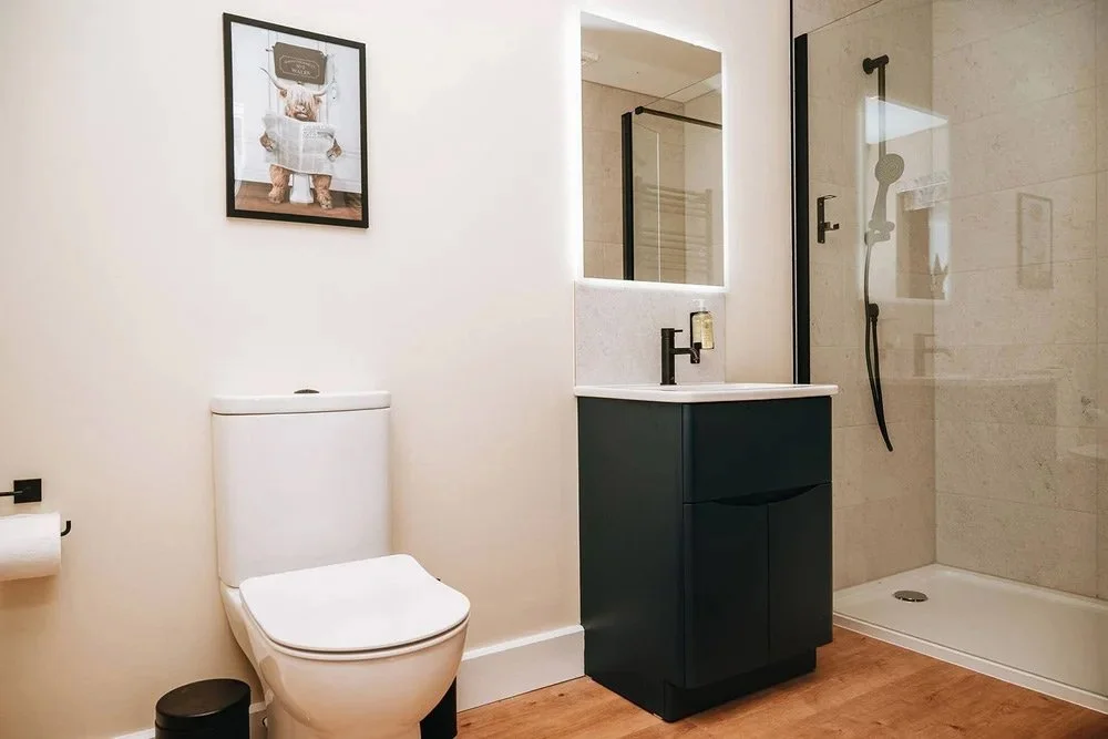 A luxurious, modern bathroom inside one of Beacons View's holiday lodges in the Brecon Beacons, Wales.